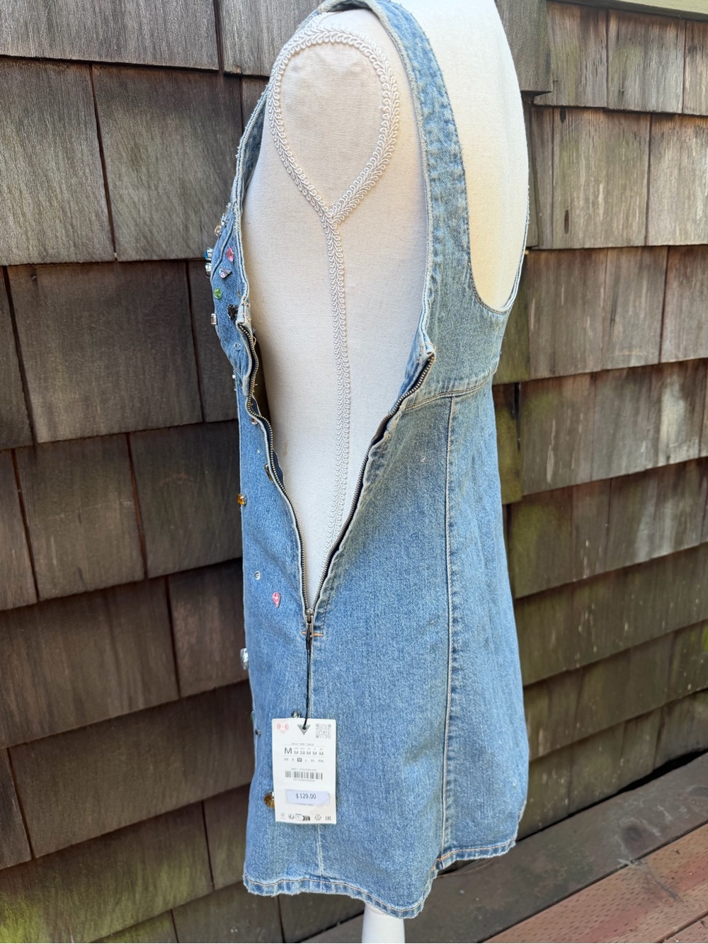 ZARA blue denim mini dress with rhinestones sleeveless Sz M NWT. - Picture 8 of 11